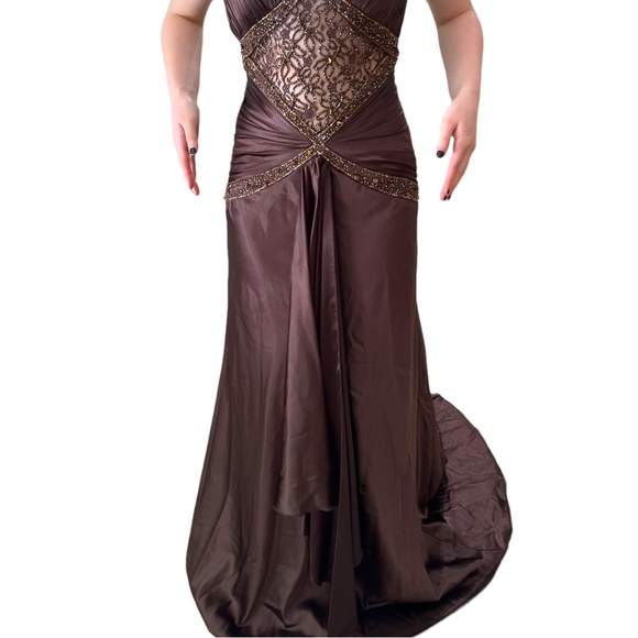 ALYCE DESIGNS Chocolate Brown Satin Formal Gown With Train and Cutout Midriff - Picture 8 of 16